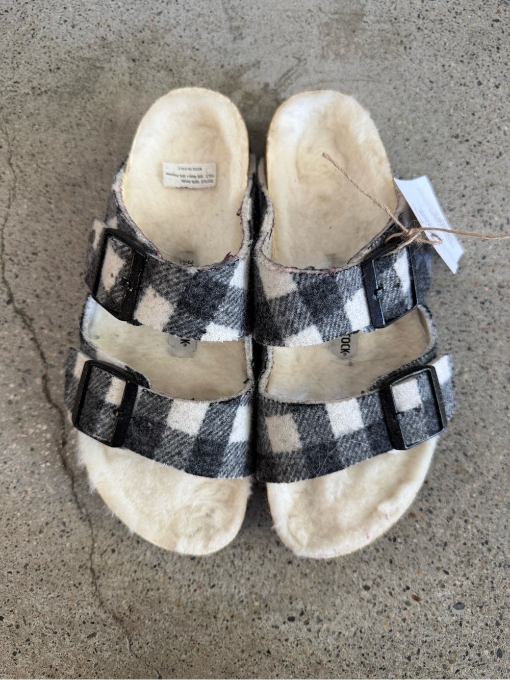 Birkenstock Shearling Lined Buffalo Plaid Slide Sandals